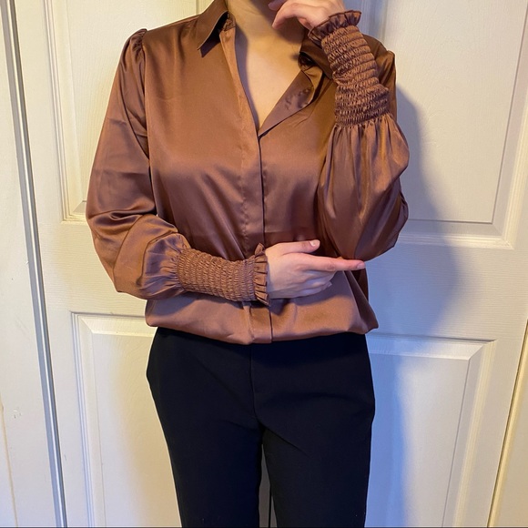 Express Tops - Express bronze satin puff sleeve smocked shirt